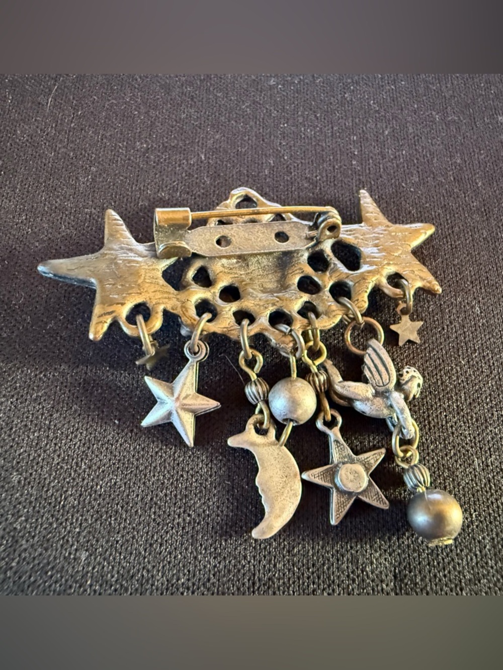 Vintage Sun & Stars Dangle Charm Brooch Pin Gold-Tone Sun Face articulated - Picture 4 of 10